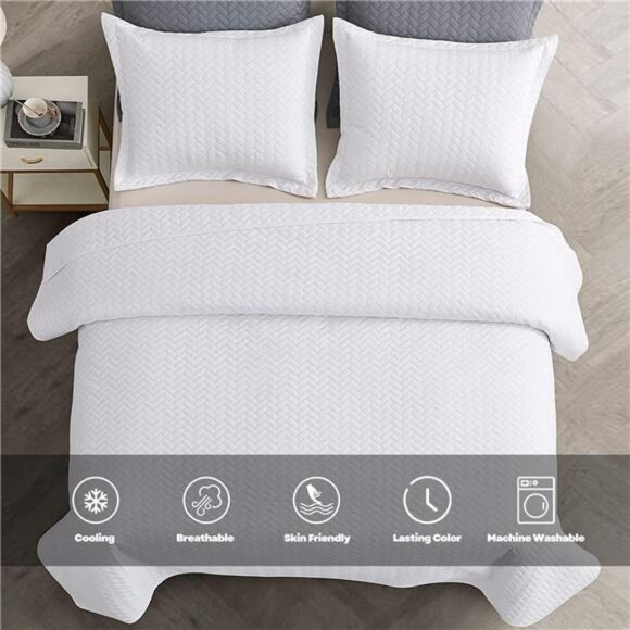 White Quilt Set Queen Size, Lightweight Bedspread Ultrasonic - Picture 2 of 8